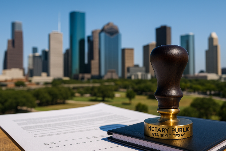 Official notary seal and notarized documents on signing table